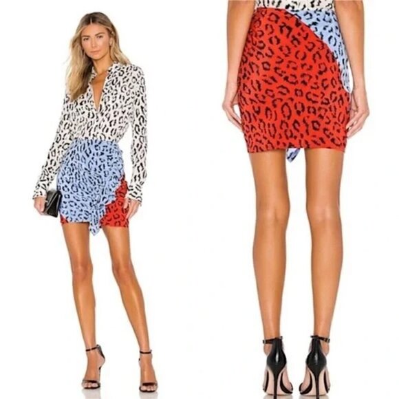 A.L.C. Gellar Skirt Silk Ruffle Leopard Print Blue Red - Picture 2 of 2